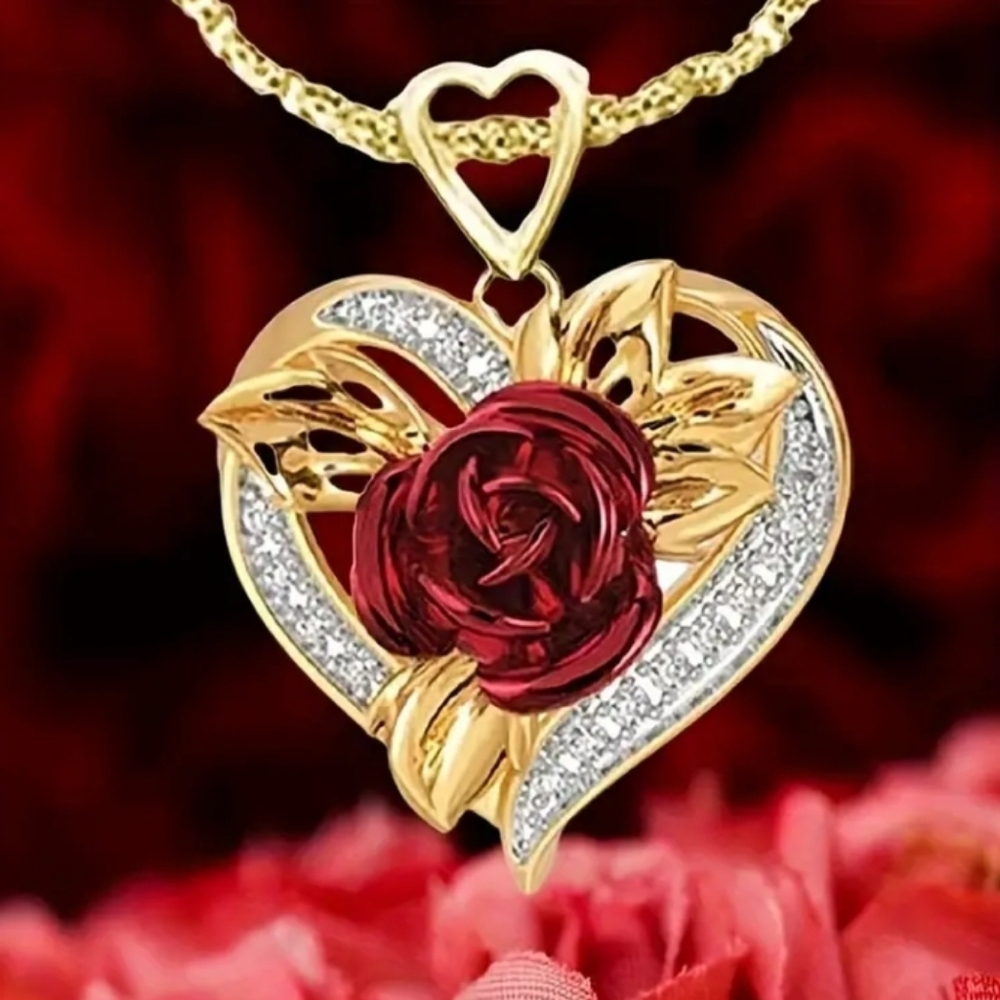 Romantic Gold and Red Rose Heart Necklace